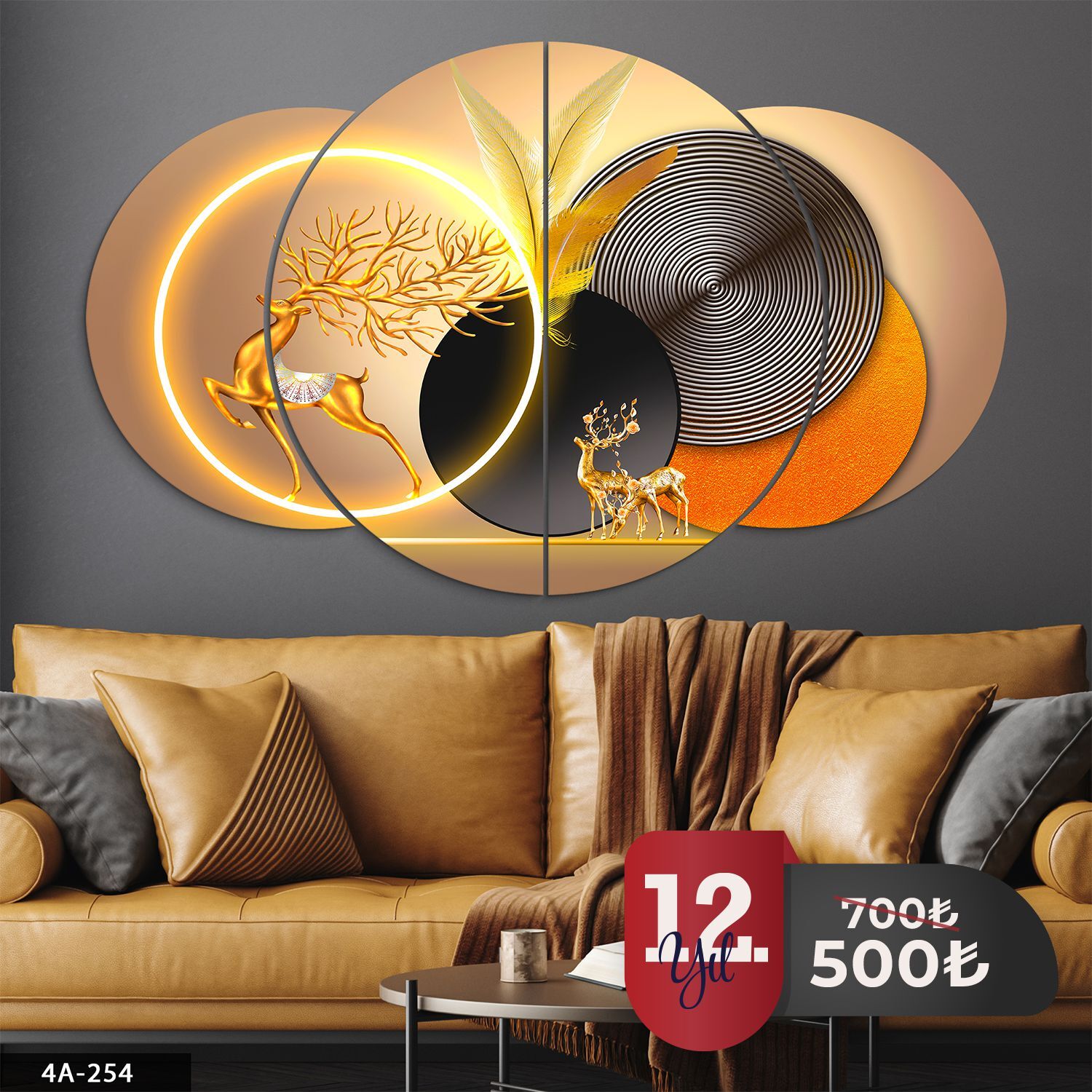 Gold Geyik Geometrik Desenler 4 Parça Mdf Tablo 60x100 CM