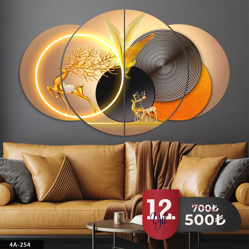Gold Geyik Geometrik Desenler 4 Parça Mdf Tablo 60x100 CM