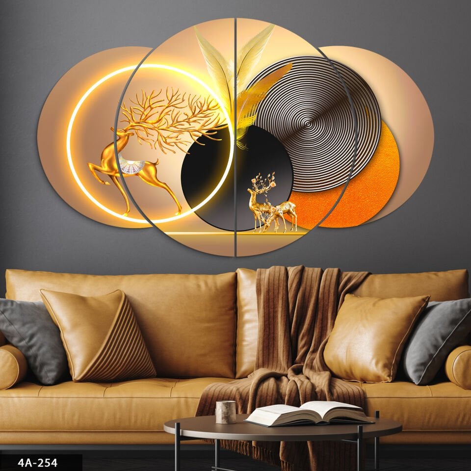 Gold Geyik Geometrik Desenler 4 Parça Mdf Tablo 60x100 CM