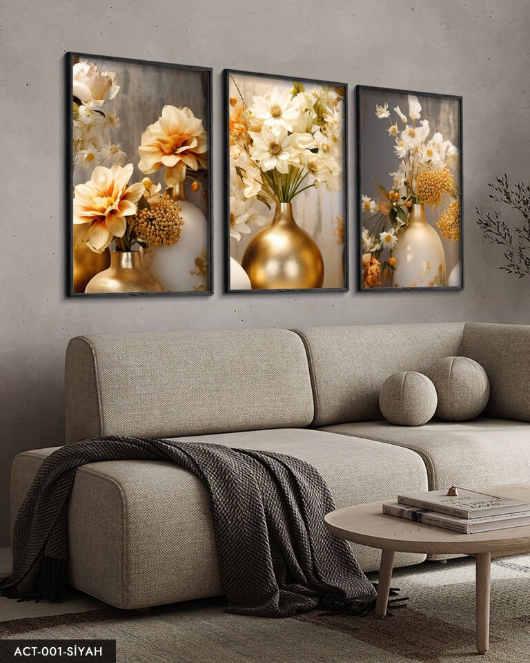 Vazoda Çiçekler 3 Parça Ahşap Çerçeveli Tablo Siyah - 50 x 70 CM