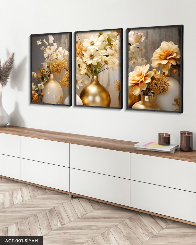 Vazoda Çiçekler 3 Parça Ahşap Çerçeveli Tablo Siyah - 50 x 70 CM