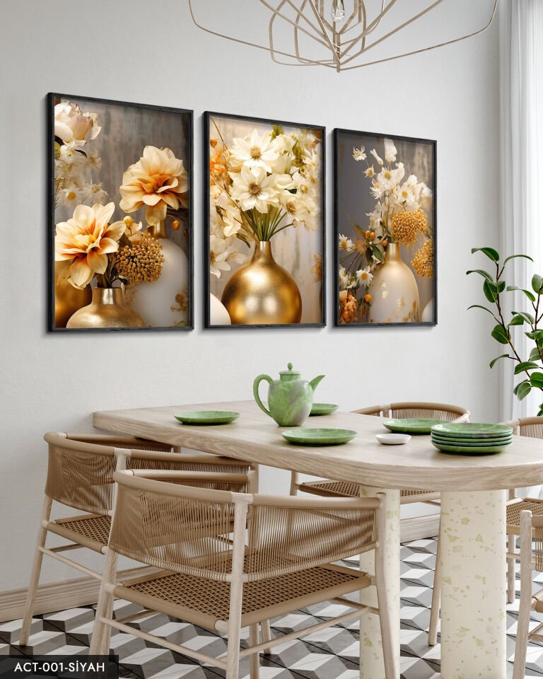 Vazoda Çiçekler 3 Parça Ahşap Çerçeveli Tablo Siyah - 50 x 70 CM