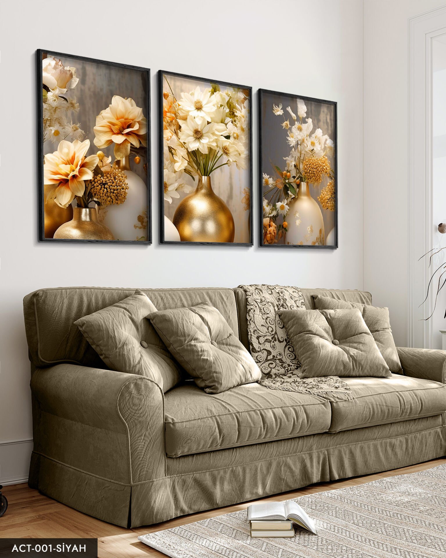 Vazoda Çiçekler 3 Parça Ahşap Çerçeveli Tablo Siyah - 50 x 70 CM