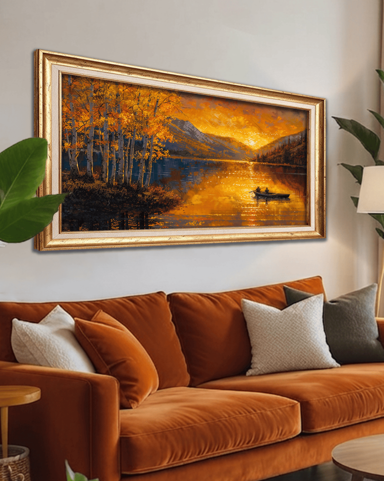 Günbatımında Kayık Premium Çerçeveli Tek Parça Tablo 65X110 cm PRM