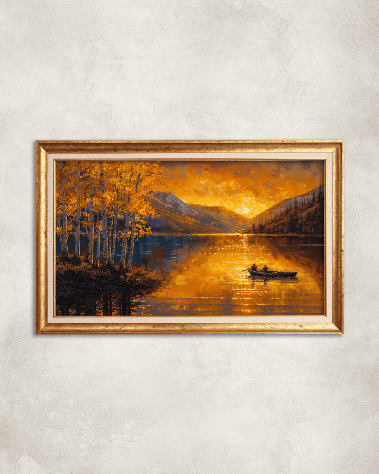 Günbatımında Kayık Premium Çerçeveli Tek Parça Tablo 65X110 cm PRM
