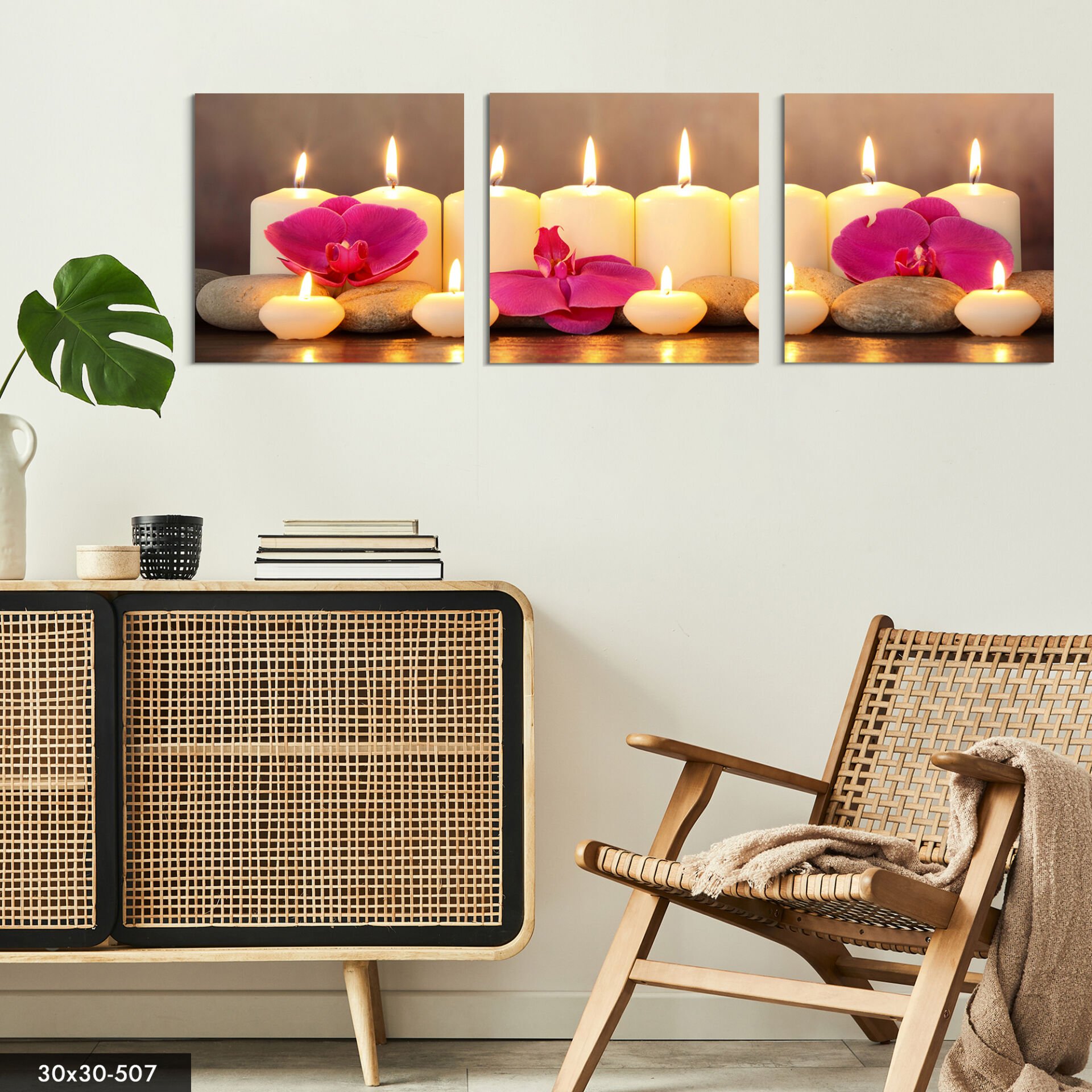 Mum ve Çiçek 3 Parça Mdf Tablo