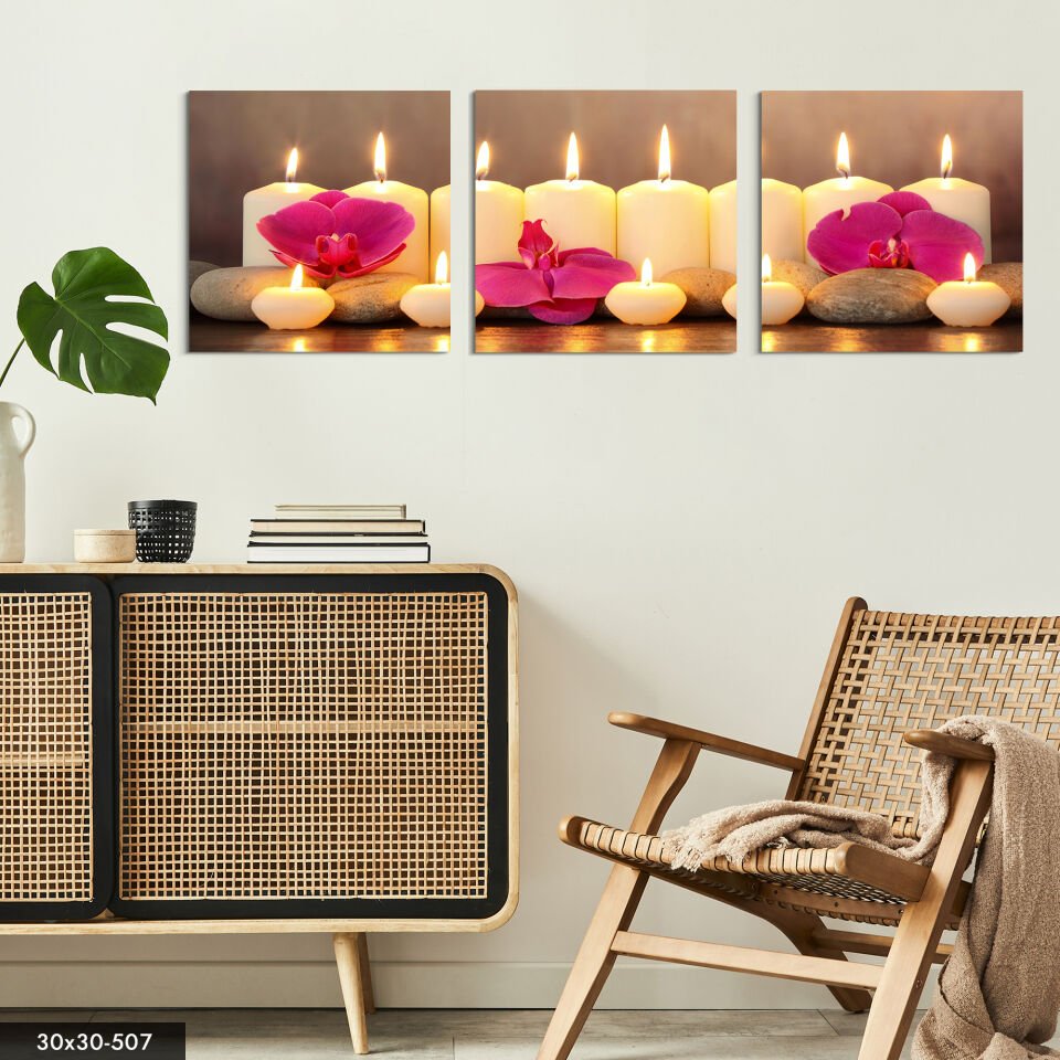 Mum ve Çiçek 3 Parça Mdf Tablo