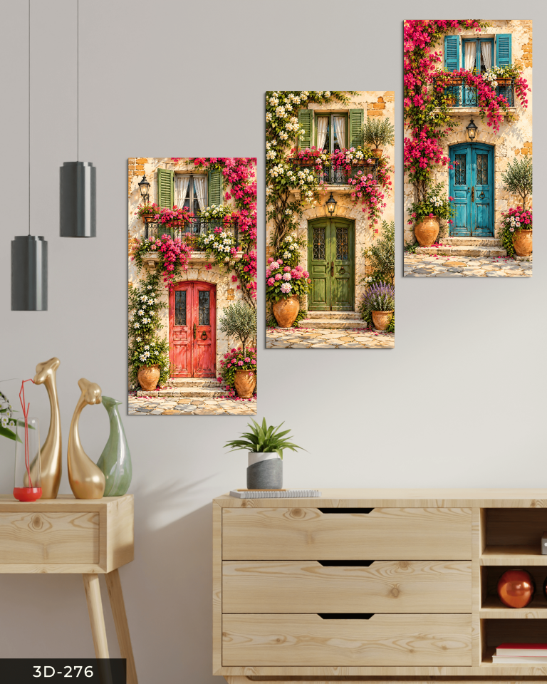 Çiçekli Renkli Kapı ve Pencere 3 Parçalı Mdf Tablo