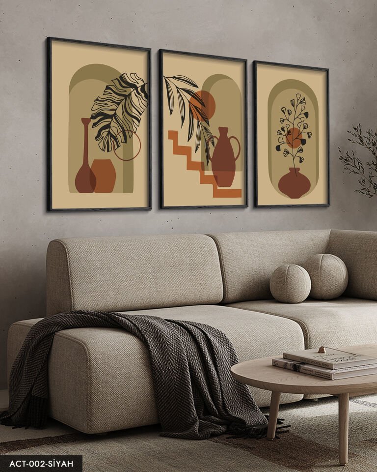 Vazo Çiçek Bohem Tarzı 3 Parça Ahşap Çerçeveli Tablo Siyah - 50 x 70 CM