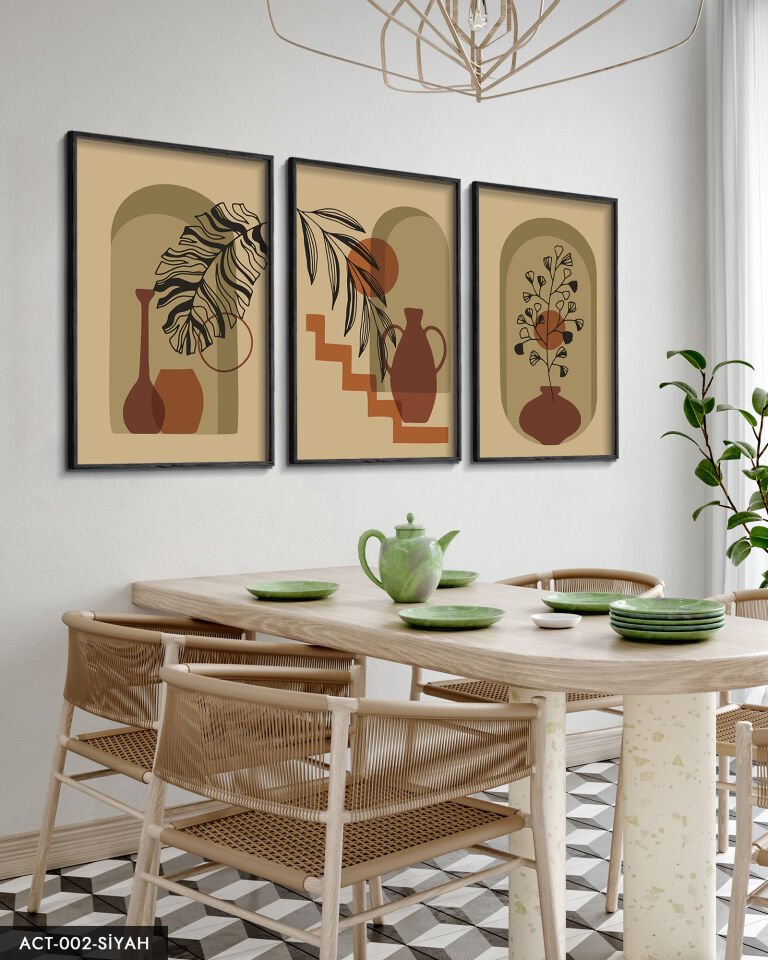 Vazo Çiçek Bohem Tarzı 3 Parça Ahşap Çerçeveli Tablo Siyah - 50 x 70 CM