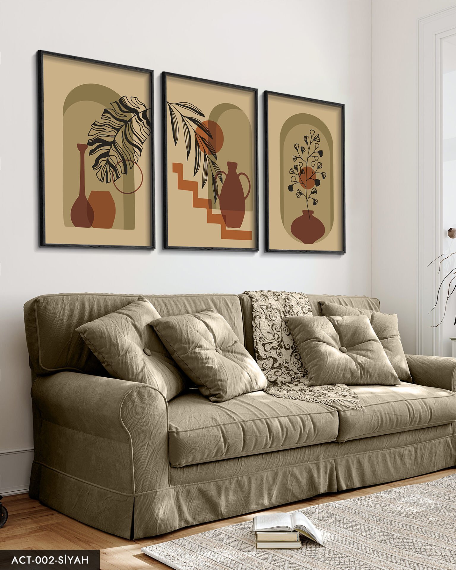 Vazo Çiçek Bohem Tarzı 3 Parça Ahşap Çerçeveli Tablo Siyah - 50 x 70 CM