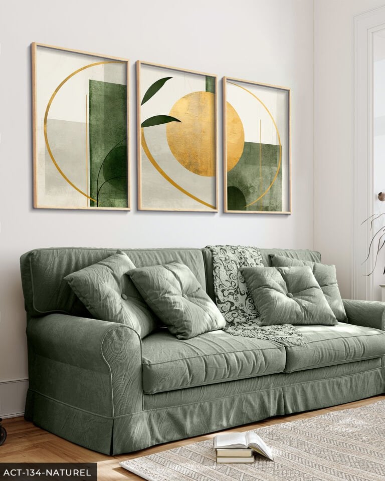Gold ve Yeşil Soyut Sanat 3 Parça Ahşap Çerçeveli Tablo ACT Naturel - 30 x 40 CM