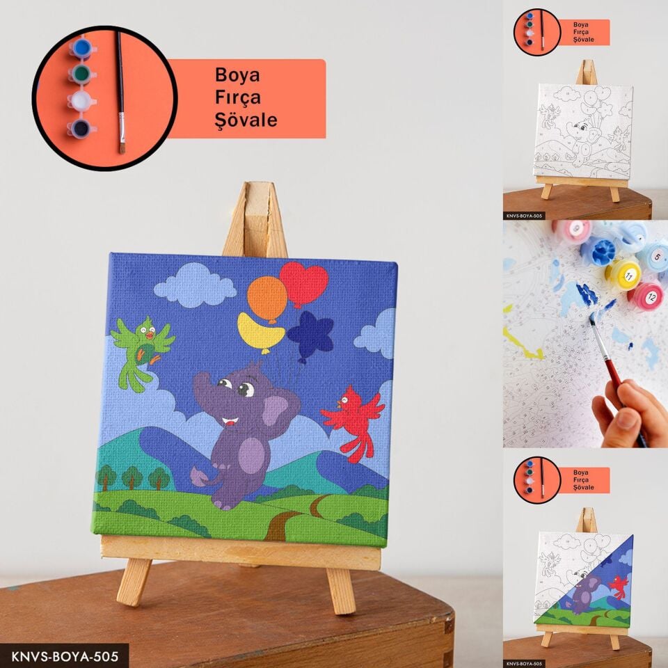 Fil ve Kuşlar 20x20 CM Çocuklara Özel Sayılarla Boyama Seti