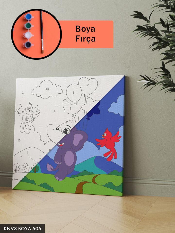 Fil ve Kuşlar 20x20 CM Çocuklara Özel Sayılarla Boyama Seti Şövalesiz