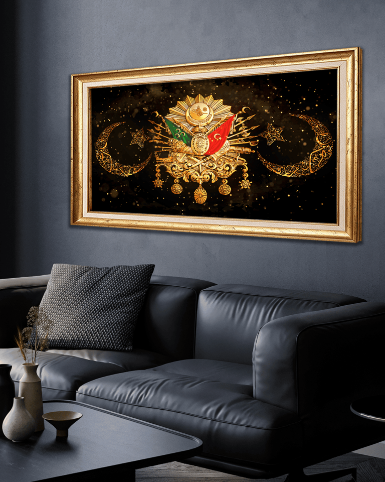 Gold Ay Yıldız ve Osmanlı Tuğrası Premium Çerçeveli Tek Parça Tablo 65X110 cm PRM