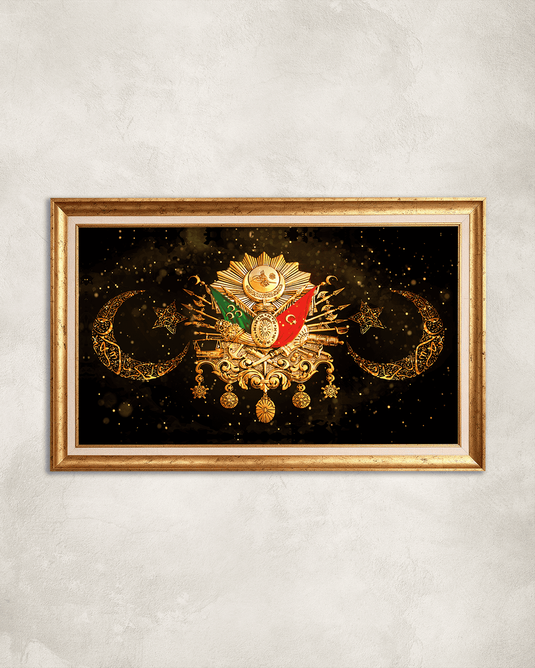 Gold Ay Yıldız ve Osmanlı Tuğrası Premium Çerçeveli Tek Parça Tablo 65X110 cm PRM