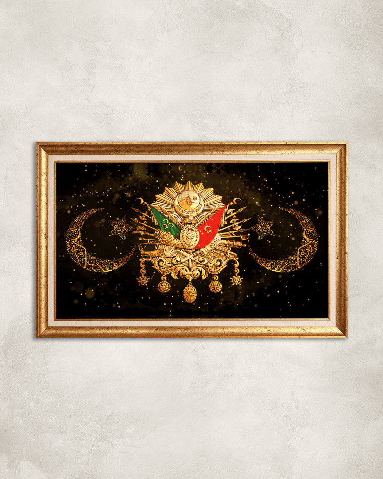 Gold Ay Yıldız ve Osmanlı Tuğrası Premium Çerçeveli Tek Parça Tablo 65X110 cm PRM
