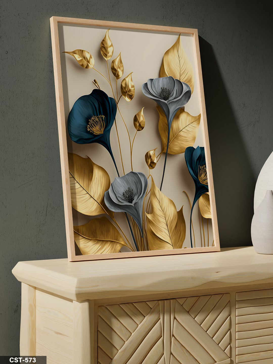 Zarif Altın Ve Mavi Çiçekler Tek Parça Ahşap Çerçeveli Tablo Naturel - 20 x 30 CM