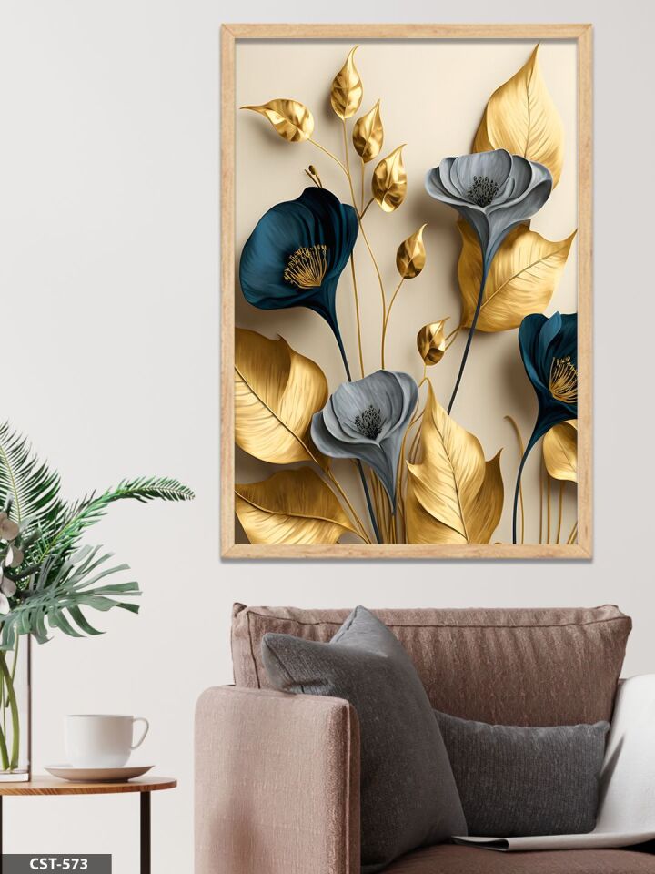 Zarif Altın Ve Mavi Çiçekler Tek Parça Ahşap Çerçeveli Tablo Naturel - 20 x 30 CM