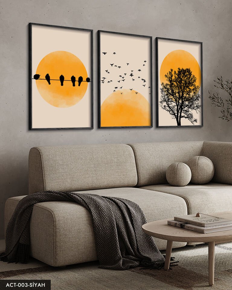 Soyut Doğa Ağaç Kuşlar Güneş 3 Parça Ahşap Çerçeveli Tablo ACT Siyah - 50 x 70 CM