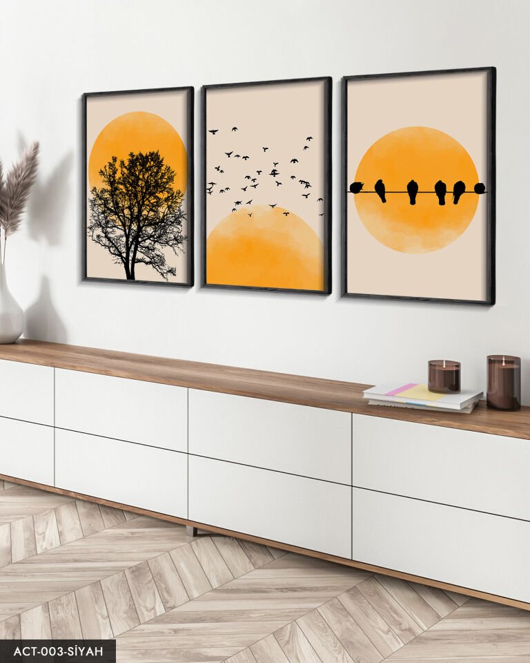 Soyut Doğa Ağaç Kuşlar Güneş 3 Parça Ahşap Çerçeveli Tablo ACT Siyah - 50 x 70 CM