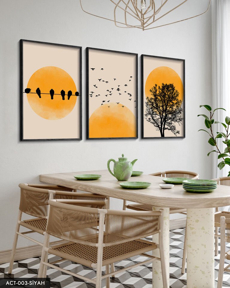 Soyut Doğa Ağaç Kuşlar Güneş 3 Parça Ahşap Çerçeveli Tablo ACT Siyah - 50 x 70 CM
