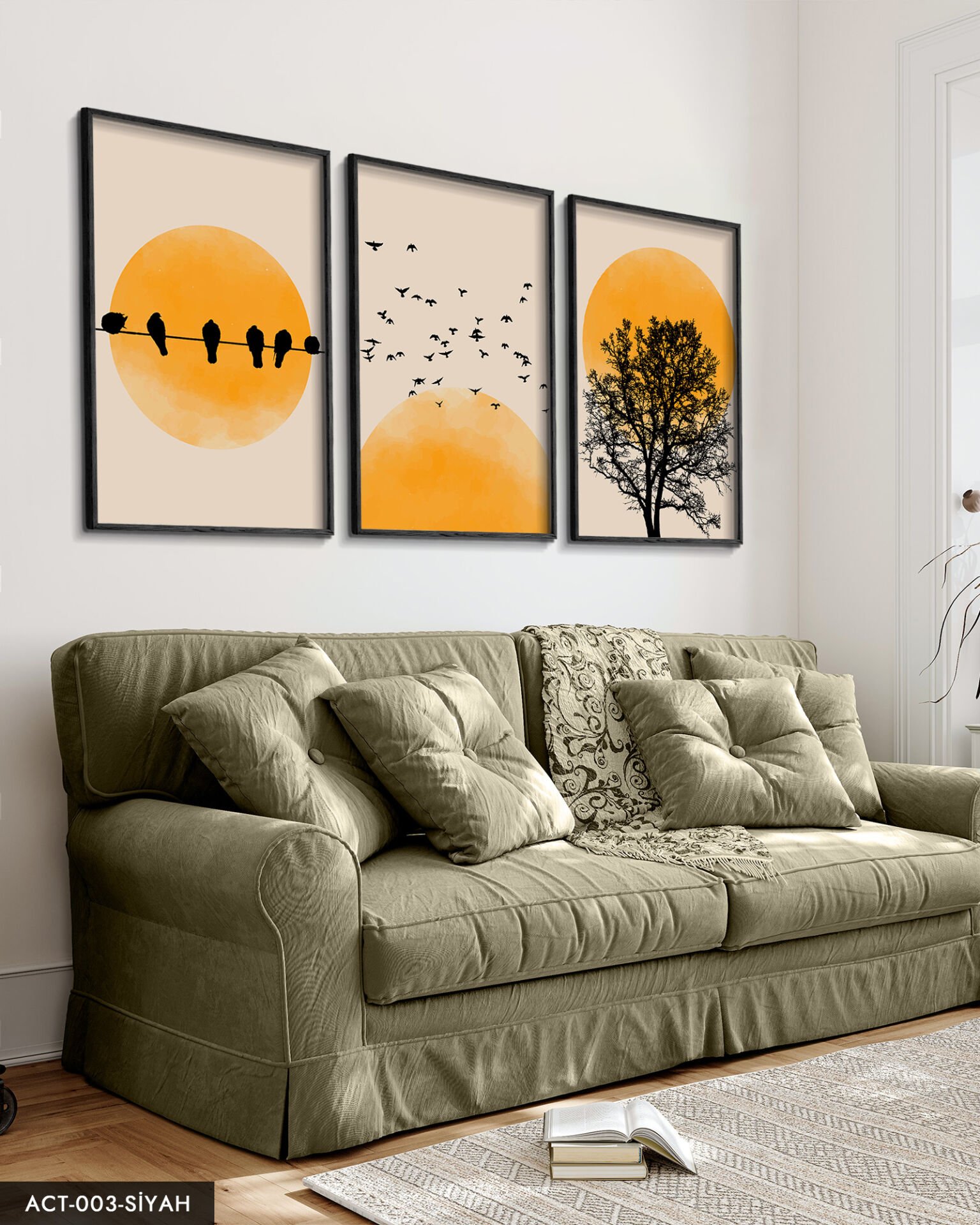 Soyut Doğa Ağaç Kuşlar Güneş 3 Parça Ahşap Çerçeveli Tablo ACT Siyah - 50 x 70 CM