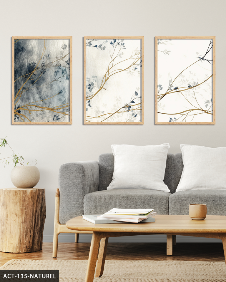 Mavi Çiçekli Ağaç 3 Parça Ahşap Çerçeveli Tablo ACT Naturel - 30 x 40 CM