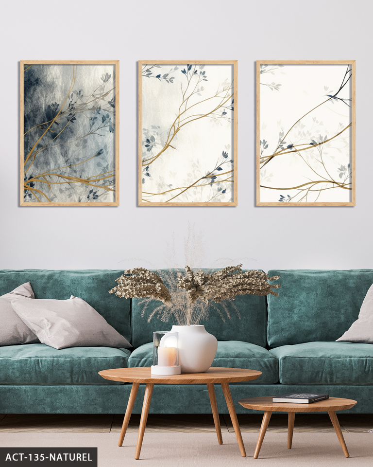 Mavi Çiçekli Ağaç 3 Parça Ahşap Çerçeveli Tablo ACT Naturel - 30 x 40 CM