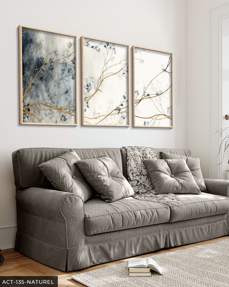 Mavi Çiçekli Ağaç 3 Parça Ahşap Çerçeveli Tablo ACT Naturel - 30 x 40 CM