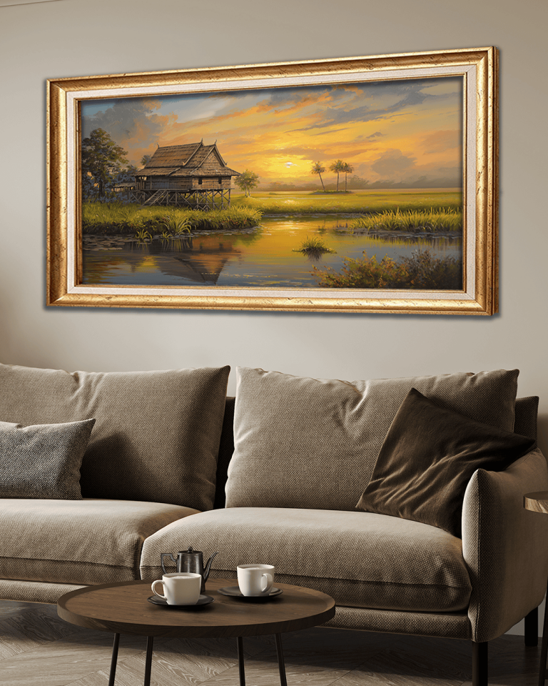 Gün Batımında Köy Evi Premium Çerçeveli Tek Parça Tablo 65X110 cm PRM