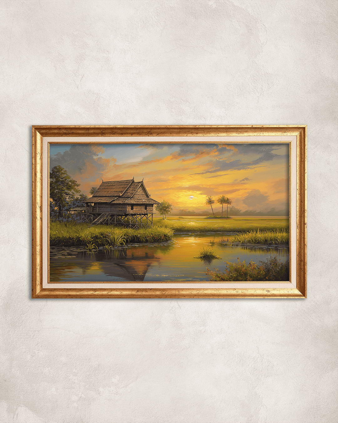 Gün Batımında Köy Evi Premium Çerçeveli Tek Parça Tablo 65X110 cm PRM