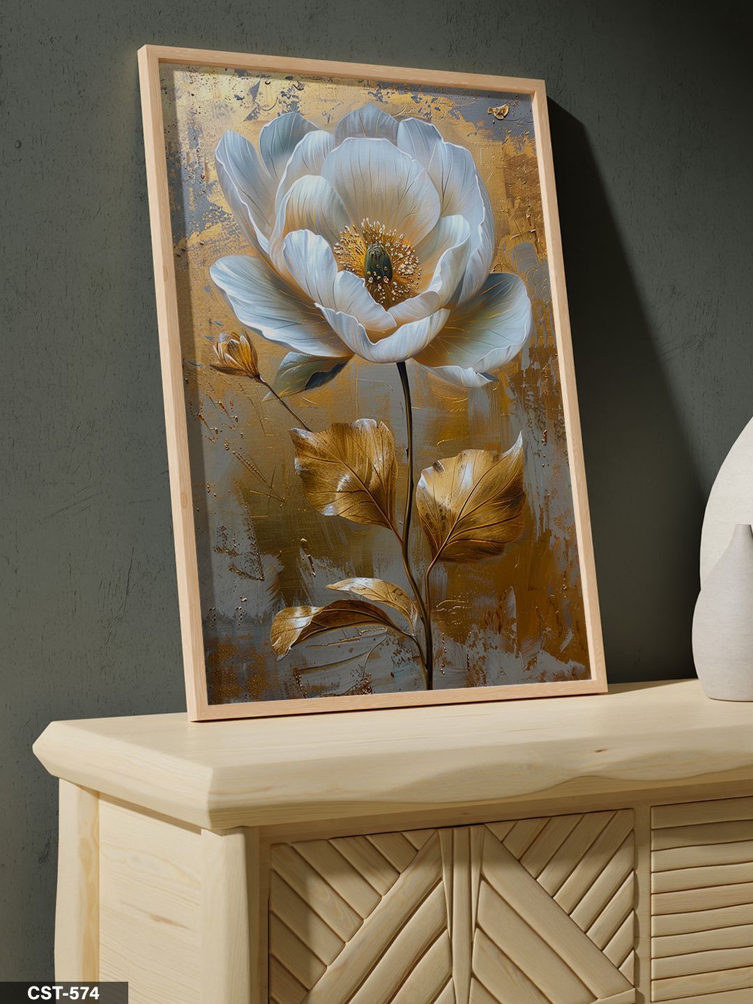 Beyaz Çiçek Tek Parça Ahşap Çerçeveli Tablo Naturel - 20 x 30 CM