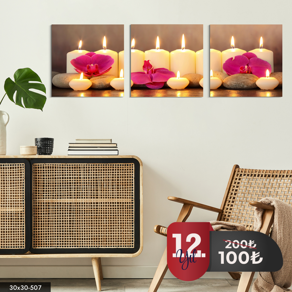 Mum ve Çiçek 3 Parça Mdf Tablo 20 x 20 CM