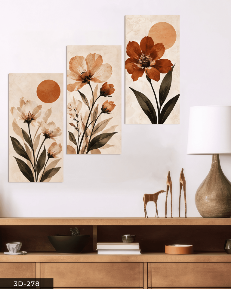 Sade Turuncu Çiçekler 3 Parçalı Mdf Tablo