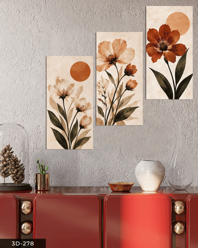 Sade Turuncu Çiçekler 3 Parçalı Mdf Tablo