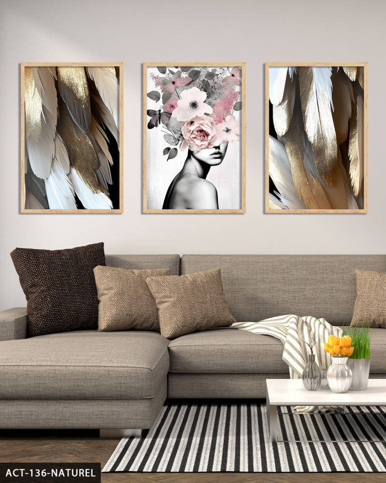 Pembe Çiçekli Portre 3 Parça Ahşap Çerçeveli Tablo ACT Naturel - 30 x 40 CM