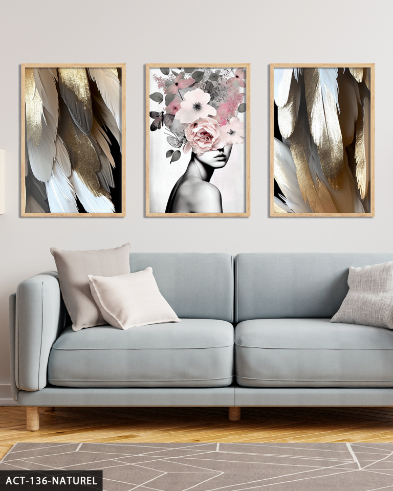 Pembe Çiçekli Portre 3 Parça Ahşap Çerçeveli Tablo ACT Naturel - 30 x 40 CM