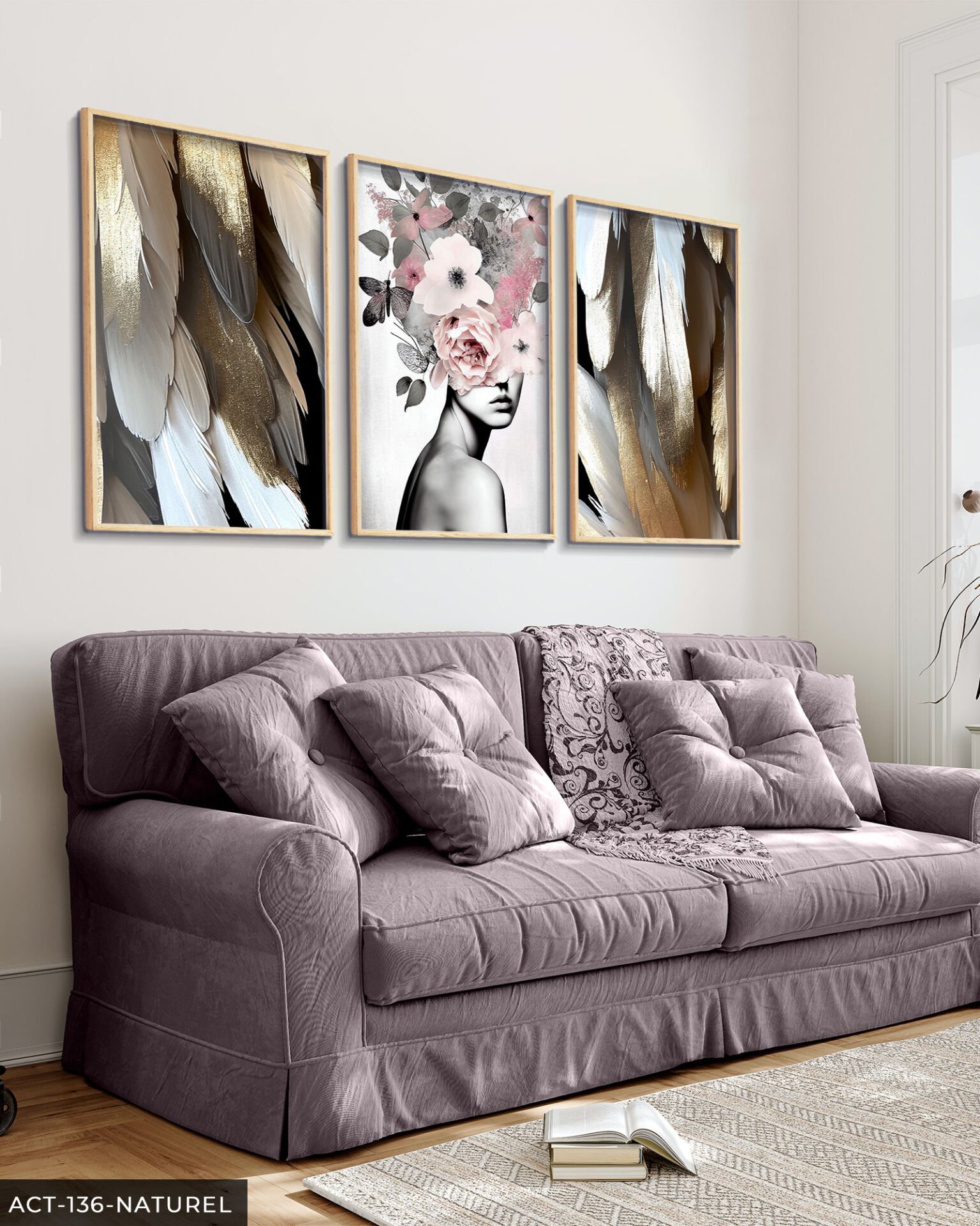 Pembe Çiçekli Portre 3 Parça Ahşap Çerçeveli Tablo ACT Naturel - 30 x 40 CM