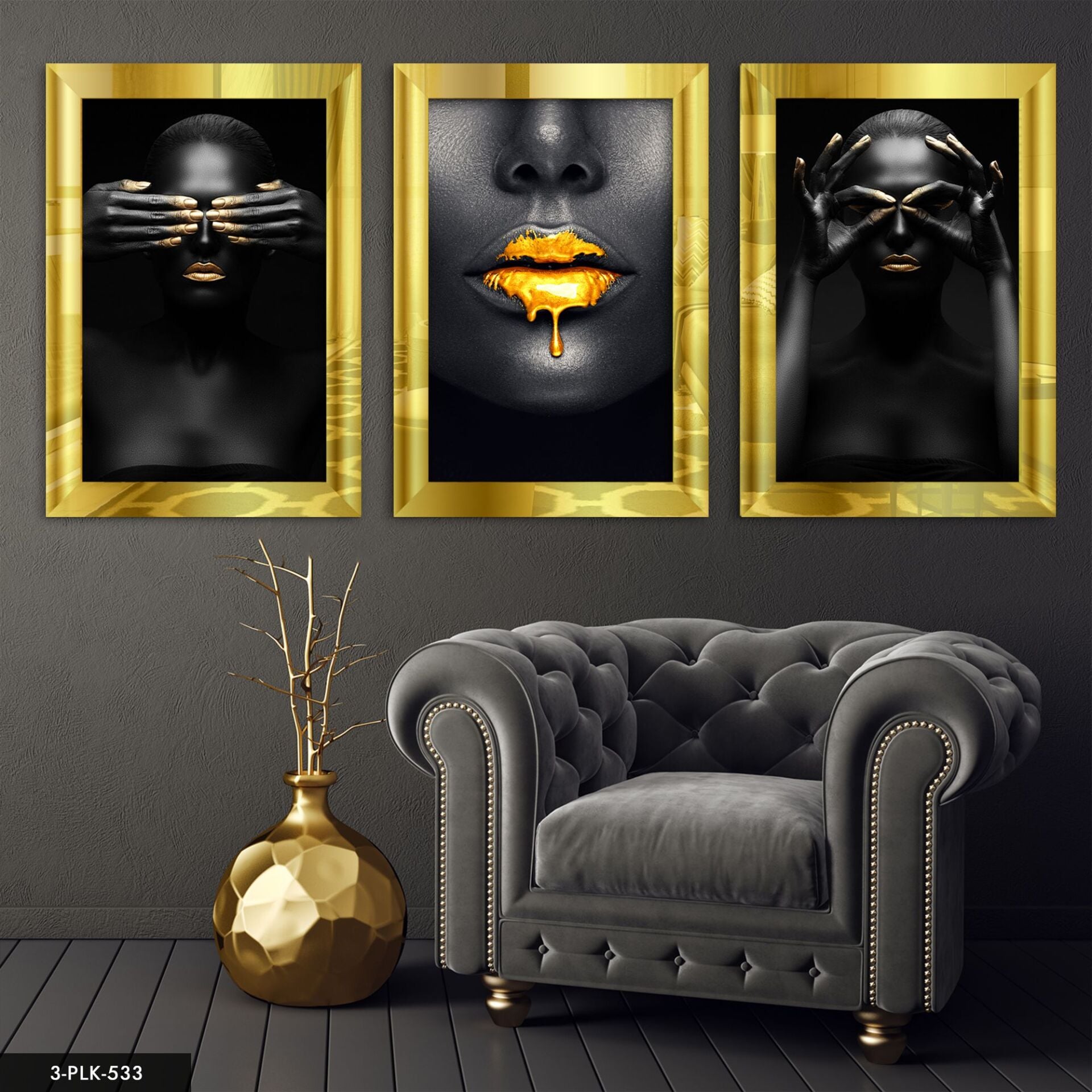 Afrikalı Kadınlar 3 Parça Pleksi Aynalı Tablo 20 x 30 CM - Gold