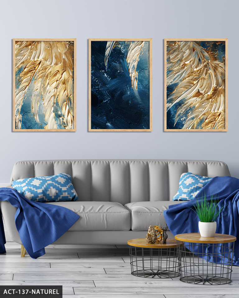 Gold Detaylı Kabartma 3 Parça Ahşap Çerçeveli Tablo ACT Naturel - 30 x 40 CM