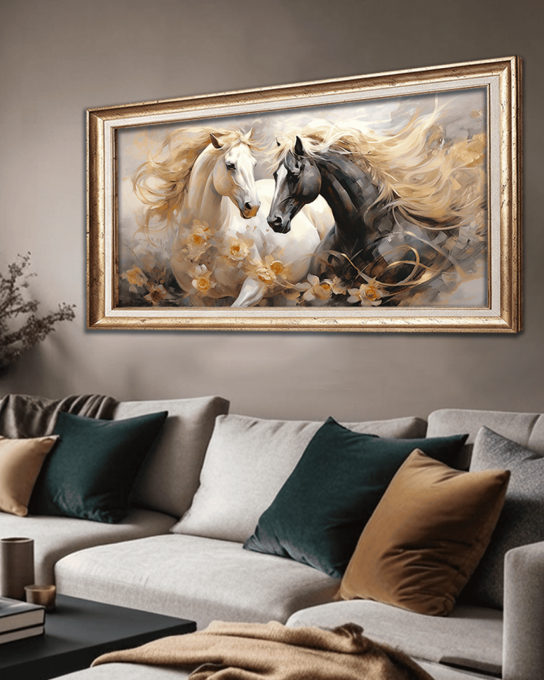 Asil Atlar Premium Çerçeveli Tek Parça Tablo 65X110 cm PRM Gümüş
