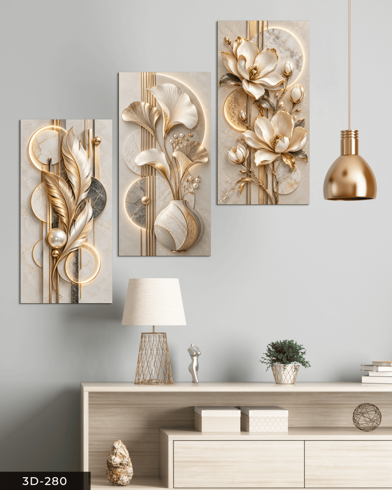 İncili Yaprak ve Çiçek 3 Parçalı Mdf Tablo