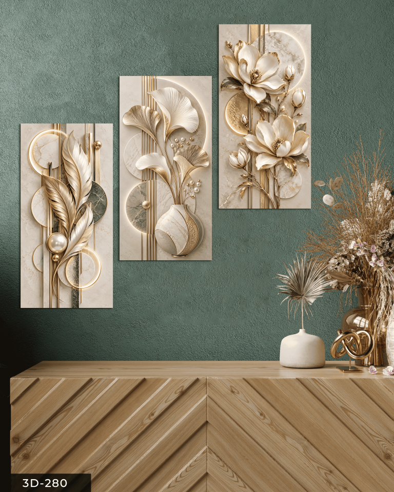 İncili Yaprak ve Çiçek 3 Parçalı Mdf Tablo