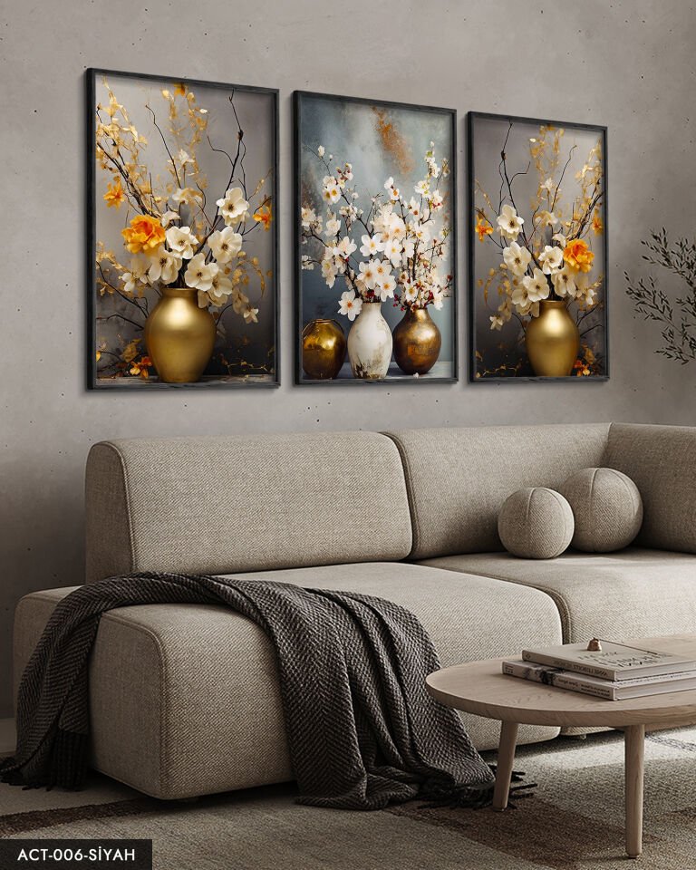 Vazodaki Çiçekler 3 Parça Ahşap Çerçeveli Tablo ACT Siyah - 50 x 70 CM