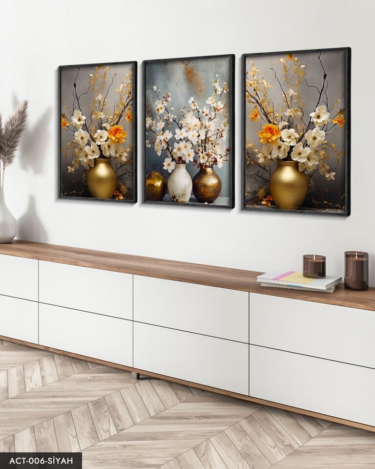 Vazodaki Çiçekler 3 Parça Ahşap Çerçeveli Tablo ACT Siyah - 50 x 70 CM