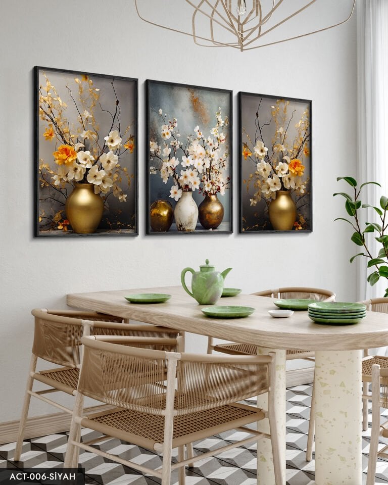 Vazodaki Çiçekler 3 Parça Ahşap Çerçeveli Tablo ACT Siyah - 50 x 70 CM