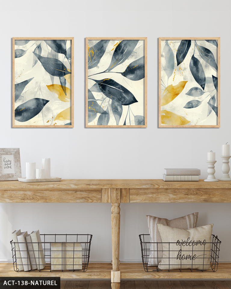 Boho Tarzı Lacivert ve Gold Yapraklar 3 Parça Ahşap Çerçeveli Tablo ACT Naturel - 30 x 40 CM