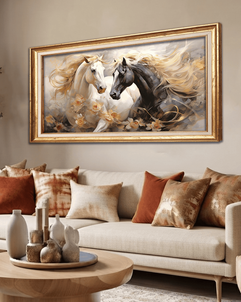 Asil Atlar Premium Çerçeveli Tek Parça Tablo 65X110 cm PRM Gold