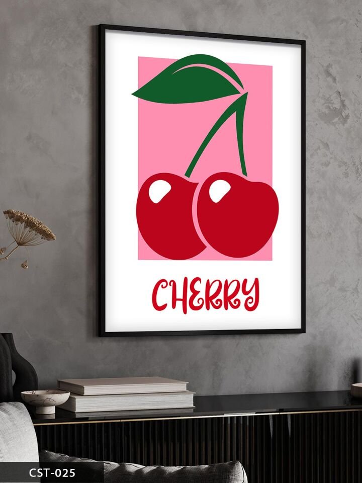Cherry Pembe Kiraz Tek Parça Ahşap Çerçeveli Tablo Siyah - 40 x 60 CM